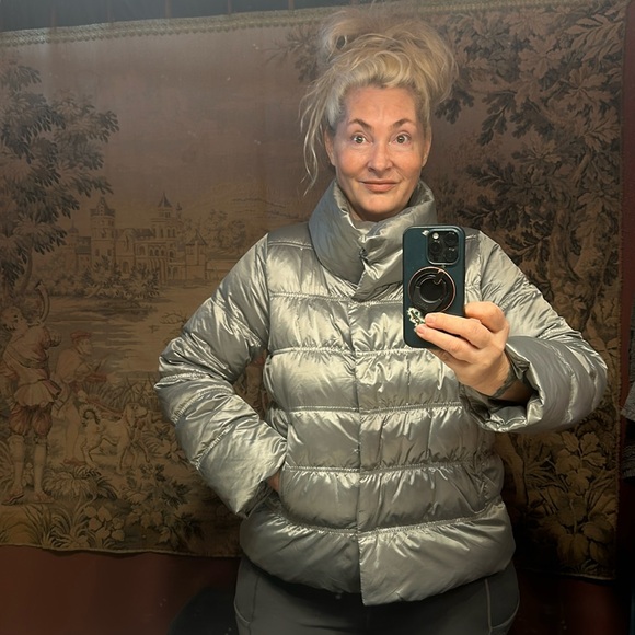 M Eileen Fisher Platinum Funnel Neck Puffer down coat. Silver. Snap buttons. EUC - Picture 2 of 16